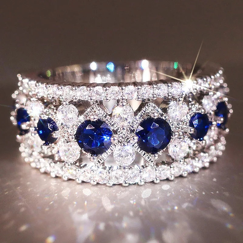 Creative Blue/White Cubic Zirconia 925 แหวนเงินแท้ Bright Elegant โมเดิร์นอุปกรณ์เสริมนิ้วมือสําหรับผู้หญิง Opulent งานแต่งงานเครื่องประดับ