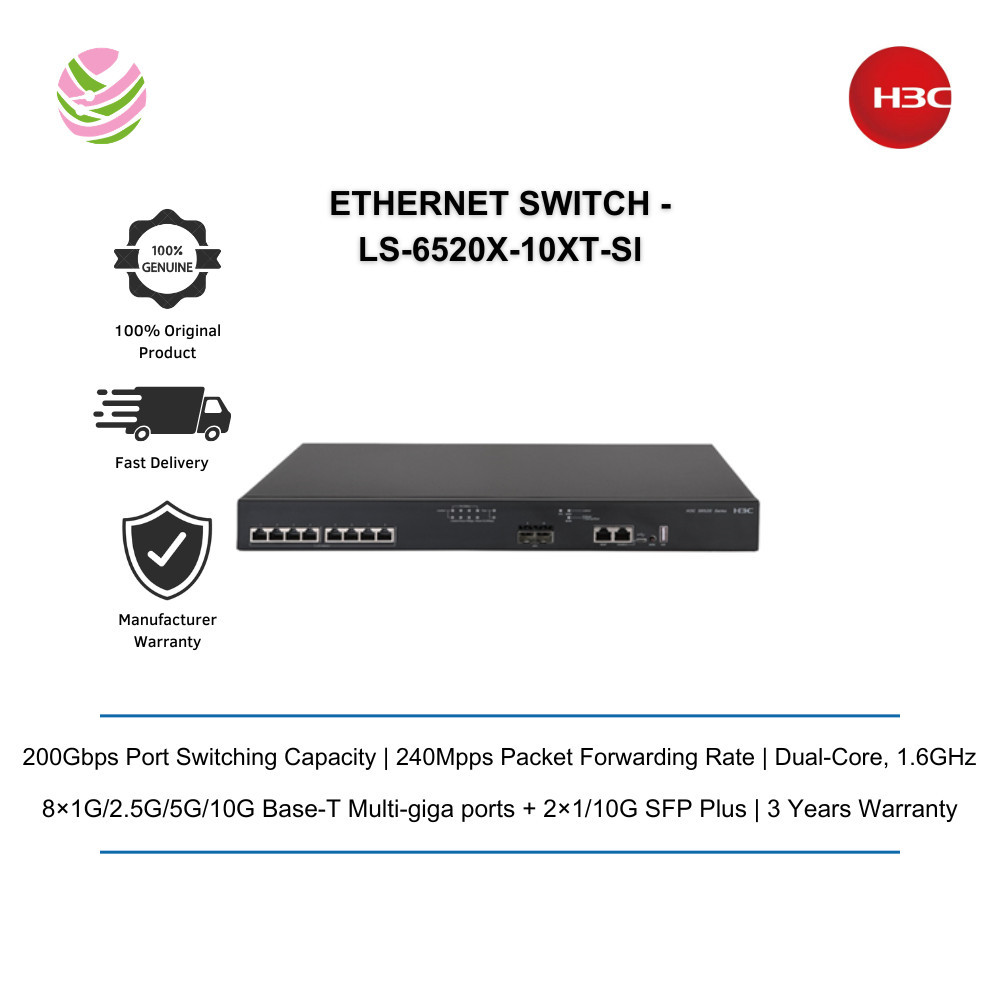 H3C LS-6520X-10XT-SI L3 10G ETHERNET SWITCH - 8 1G/2.5G/5G/10G BASE-T, 2SFP+, AC - LS-6520X-10XT-SI