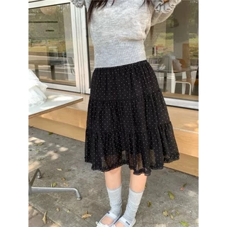 Cicishop(Q2613) กระโปรงลายจุดผ้าชีฟอง ดีเทลแต่งระบาย มีซับใน เอวสม็อค สไตล์สาวเกาหลี