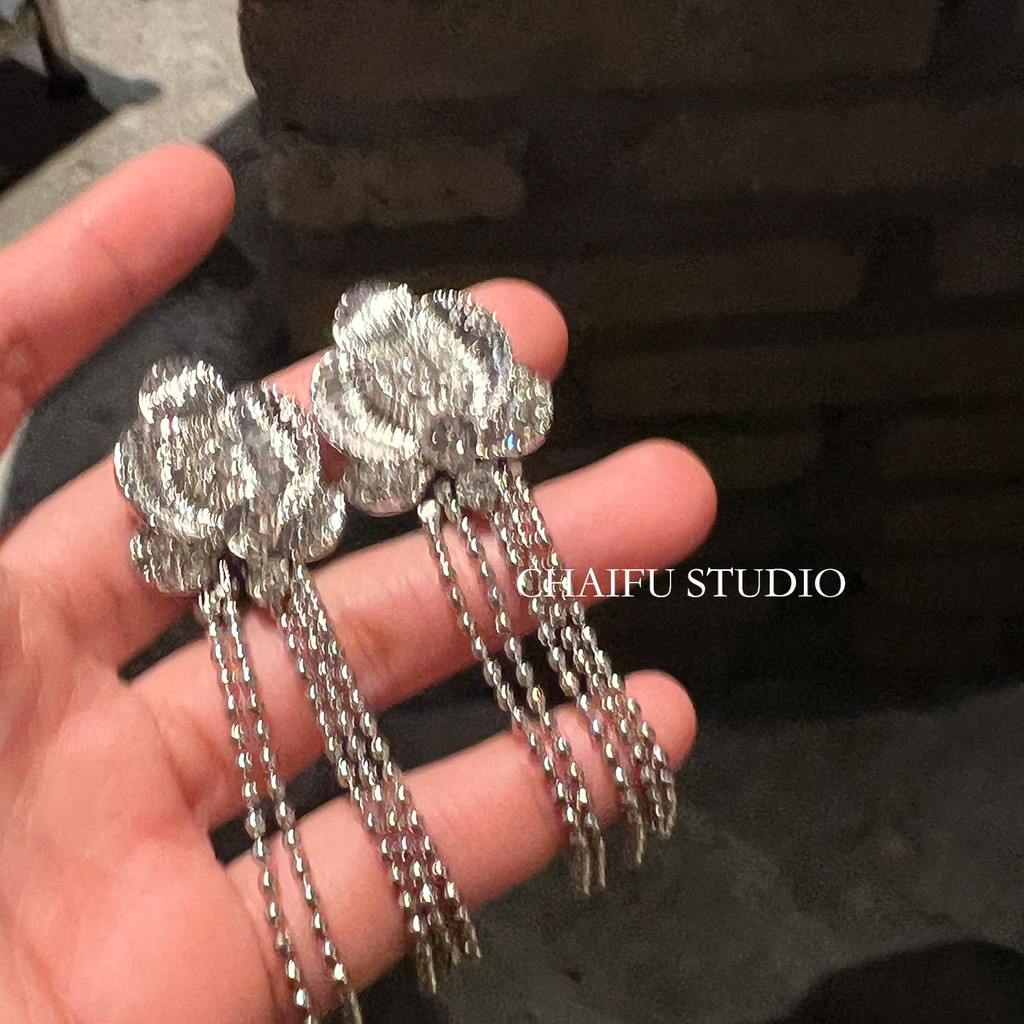 Chaifu Studio/E745 INS ญี่ปุ่นเกาหลี Simple All-Match Rose Zircon Chain พู่ออกแบบต่างหู