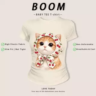 COD จัดส่งภายใน 24 ชั่วโมง เสื้อครอปแขนสั้นผู้หญิงลายแมวเชอร์รี่คาวาอี้ ผ้ายืดแฟชั่น ไม่ย้วย ระบายอากาศได้ดี ใส่สบาย