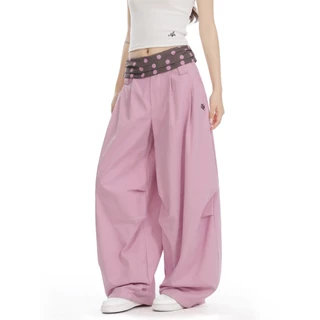 American Polka Dot Contrast Color Stitching Overalls ผู้หญิงหลวมกางเกงกีฬาขากว้าง