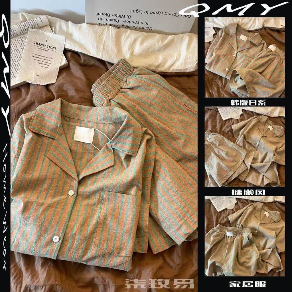 Retro Stripe พิมพ์ Colud ชุดนอนผ้าฝ้ายผู้หญิงชุดนอนนุ่มสําหรับผู้หญิงแขนสั้น Shots