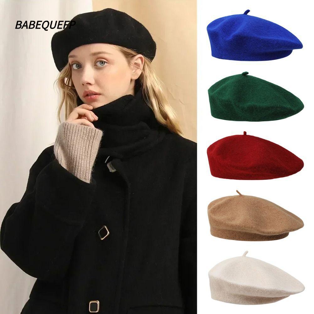 BABEQUEFPหมวกธรรมดา,Elegant Warm Wool Beretsหมวก,ผู้หญิงสีทึบRetro All Matchedภาษาฝรั่งเศสคําศิลปินหมวกLady