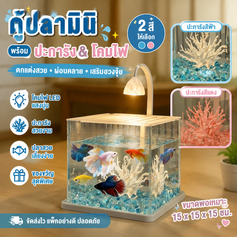 🐟ปลากัดถัง วัสดุอะคริลิก สำหรับใช้ในบ้าน ตู้ปลาตั้งโต๊ะในห้องนั่งเล่น มีไฟส่องสว่าง ชุดครบ