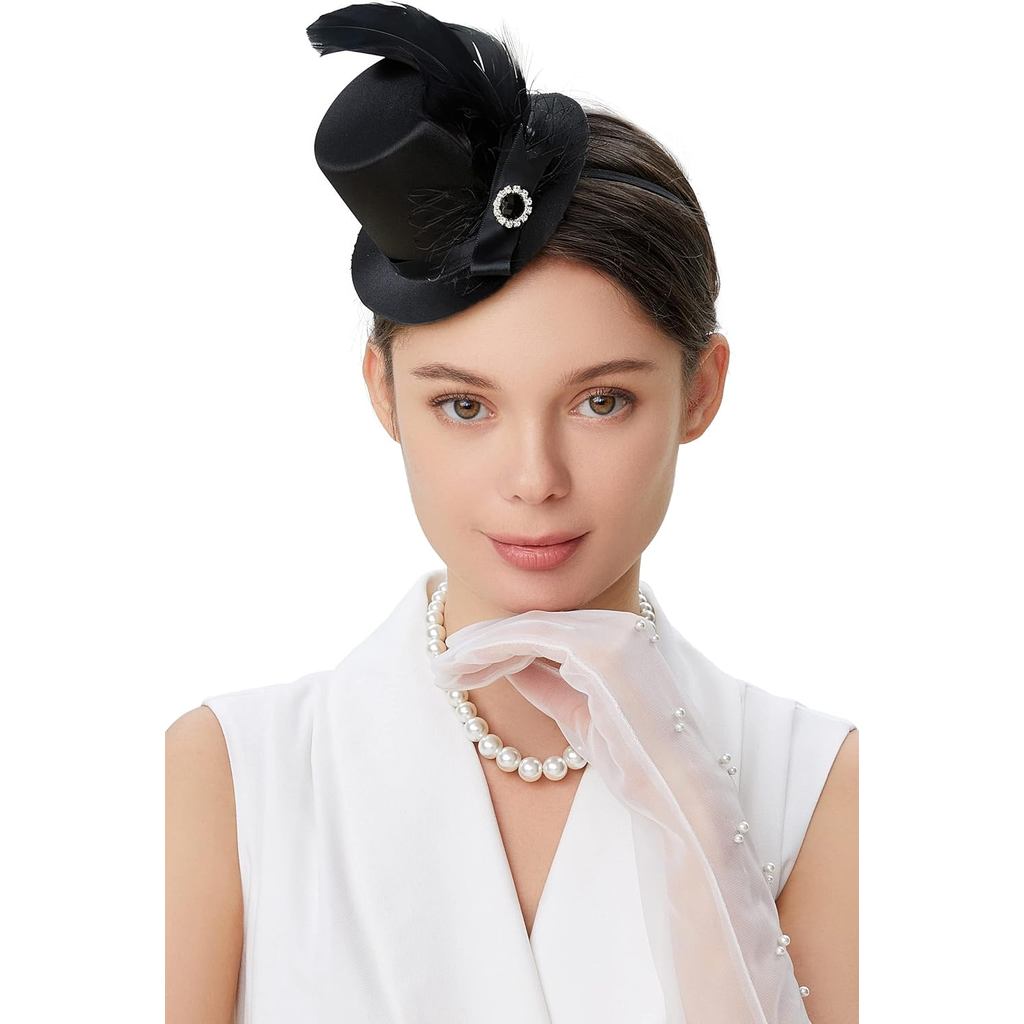 BABEYOND Mini Top Hat Fascinator Headband Feather Top Hat สําหรับ Derby Tea Party Accessory