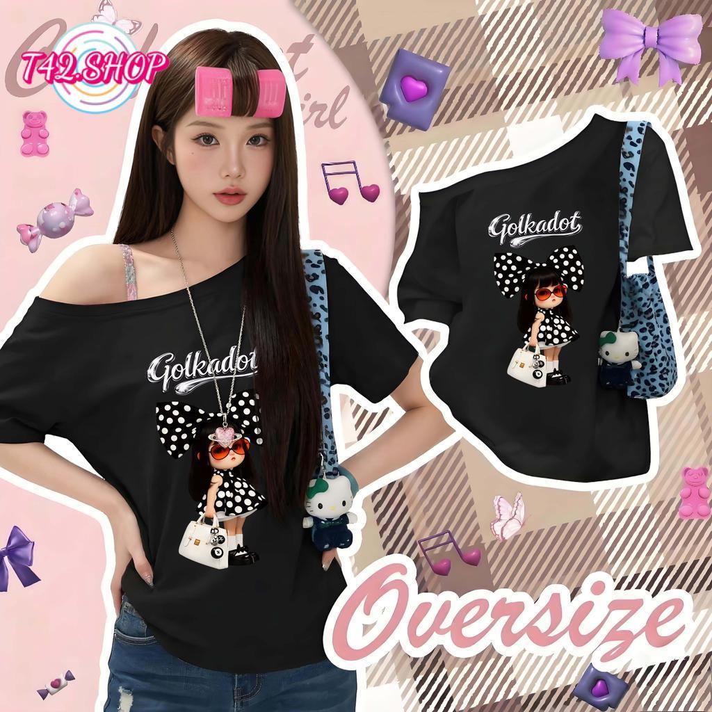 T42.SHOP🌸  เสื้อยืดฟอก  เสื้อยืด เปิดไหล่  แฟชั่น สาวฮอต เสื้อเกาหลี  ดีไซน์พิเศษ โคตรนุ่ม ไม่ต้องรีด "Golkadot girl"