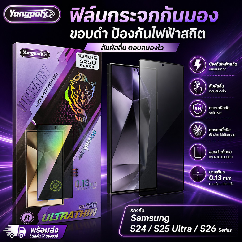 ฟิล์มกระจกกันมอง 0.18mm บาง จอโค้ง เต็มจอ กันแตก สแกนนิ้วมือได้ สำหรับ SamsungS25PLUS S25UTLRA S24 S24PLUS S24UTLRA S25