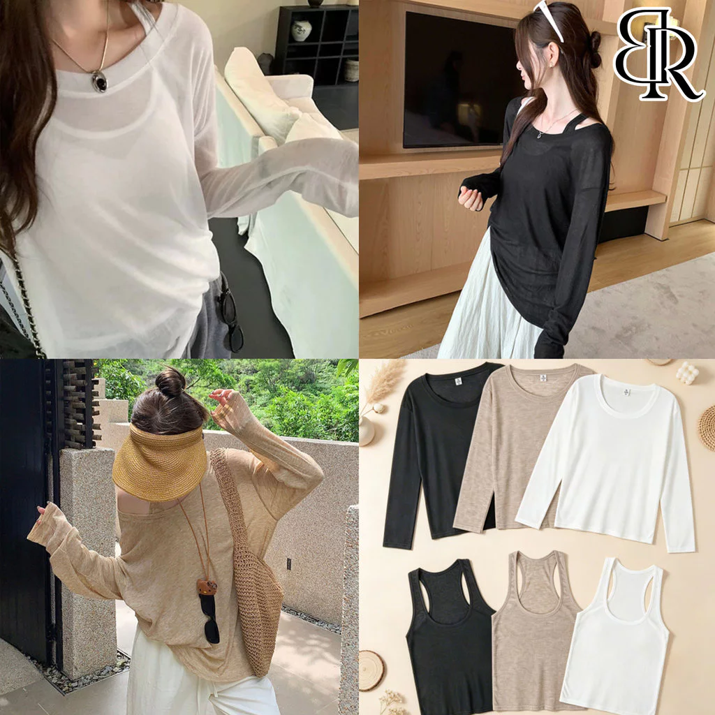 B&R พร้อมส่ง เสื้อคลุมกันแดดผ้าบางเซ็ต 2 ชิ้น สำหรับผู้หญิง ฤดูร้อน เสื้อยืดแขนยาวเสื้อกล้ามสไตล์ชิลๆ ขนาดM-2XL