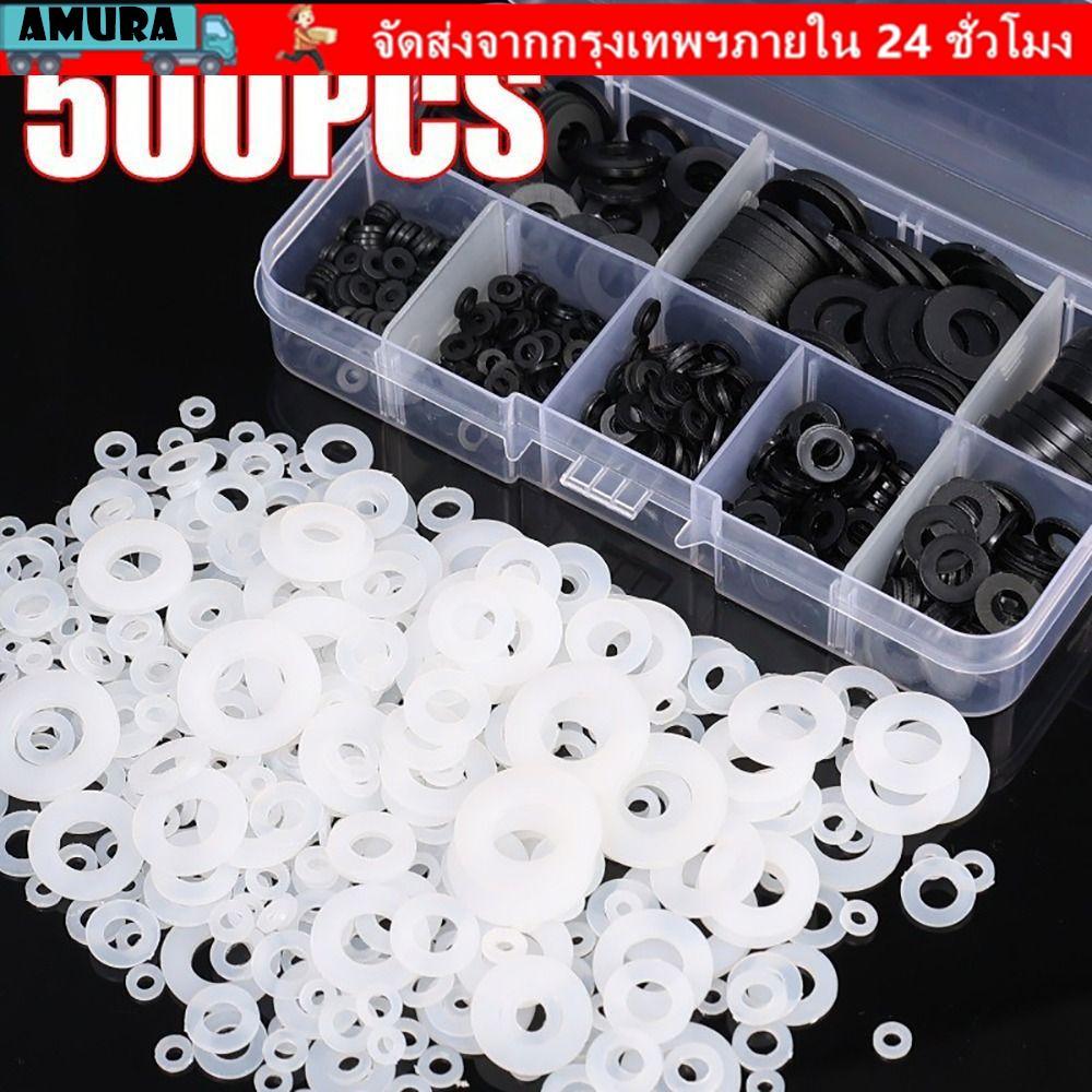 AMURA 500 ชิ้น Plane Spacer, 8 ขนาดซีล O แหวน Assortment ชุดเครื่องซักผ้าไนลอน,แบน M2-M10 สีดําสีขาวฉนวนกันความร้อนปะเก็นแหวน