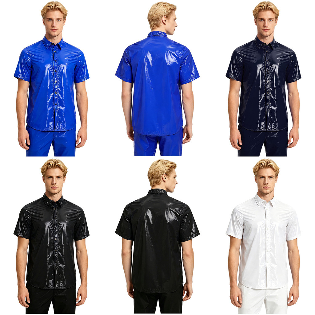 Yeahdor Men เสื้อเชิ้ตกันน้ําแขนสั้นปุ่มด้านหน้าLapelดูเปียกเสื้อยืดเสื้อClubwear Beachwearเสื้อกันฝ
