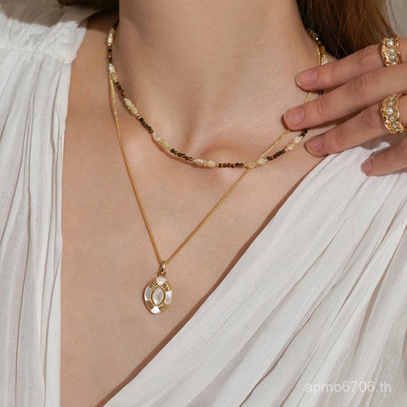 ลูกปัดคอเงินสีขาว High-End หรูหราหญิงอารมณ์ s925 Mother-of-Pearl แฟชั่นออกแบบ Tiger Eye Stone สร้อยค