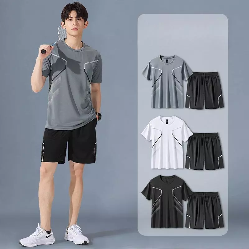 M-5XL ชุดกีฬาแขนสั้น + กางเกงขาสั้น แห้งเร็ว ใช้ได้ทั้งชายและหญิง มีหลายขนาดให้เลือก