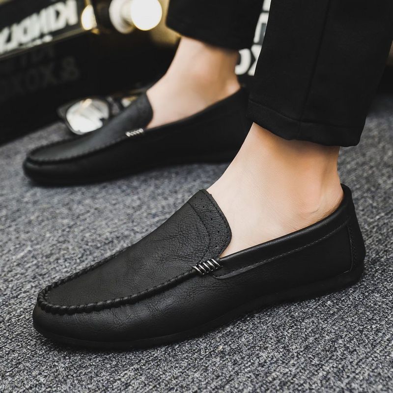 ฤดูร้อน Peas รองเท้าผู้ชายเกาหลีรุ่น Low-Top Casual รองเท้าหนังอินเทรนด์ All-Match Slip-On รองเท้าผ้