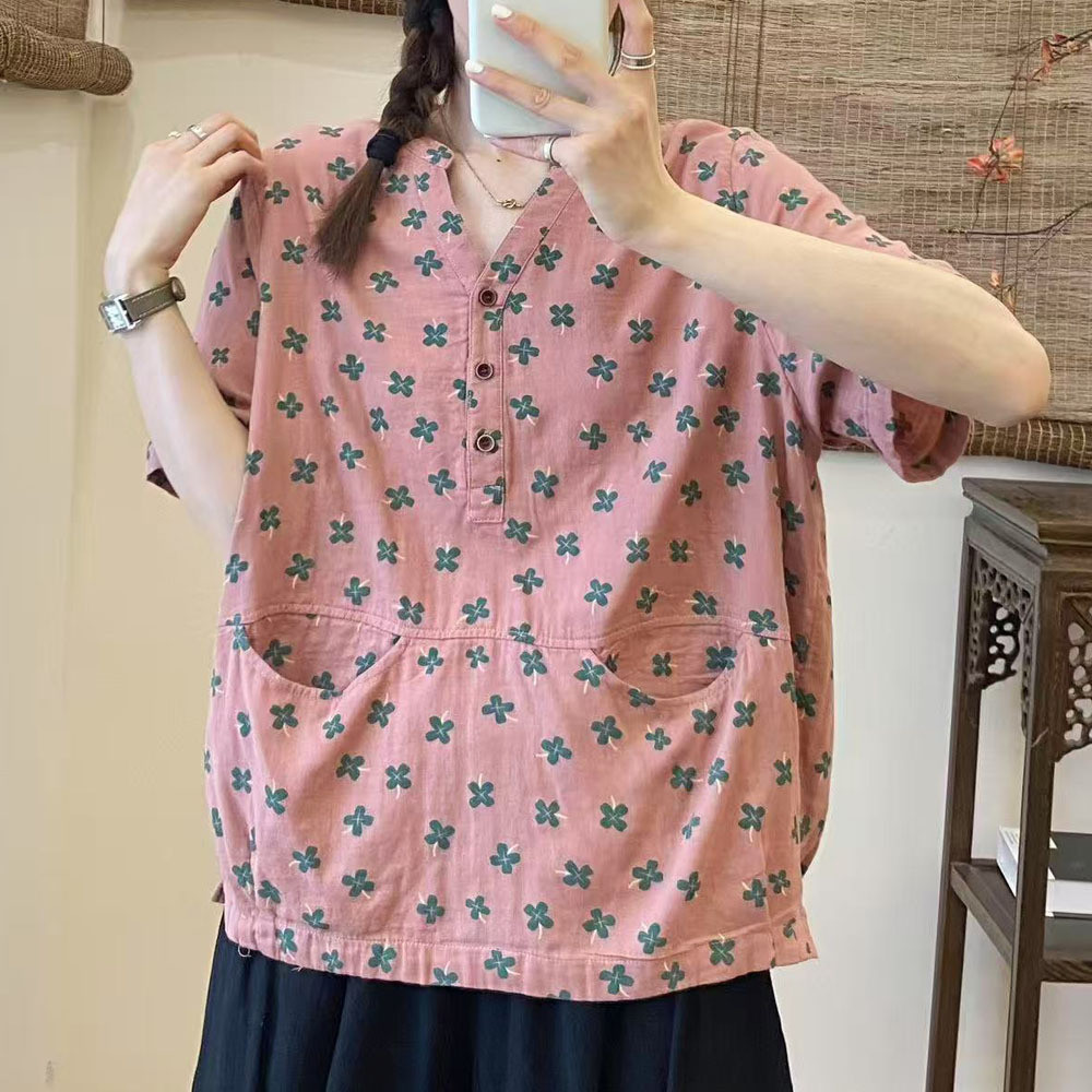ผู้หญิงที่มีคุณภาพสูง100% เส้นด้ายฝ้ายเสื้อเสื้อสามปุ่มคอวีดอกไม้ศิลปะย้อนยุคเสื้อ