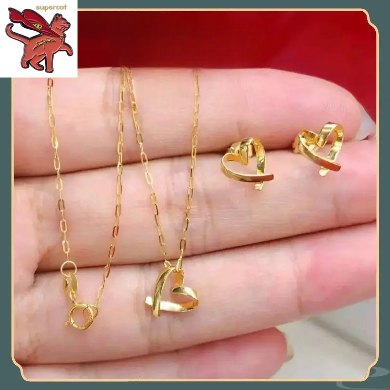 (2Psc) 18K Saudi Gold Pawnable Nasasangla ต่างหูหัวใจกลวง 99.99% และชุดสร้อยคอรูปตัว O สําหรับผู้หญิ