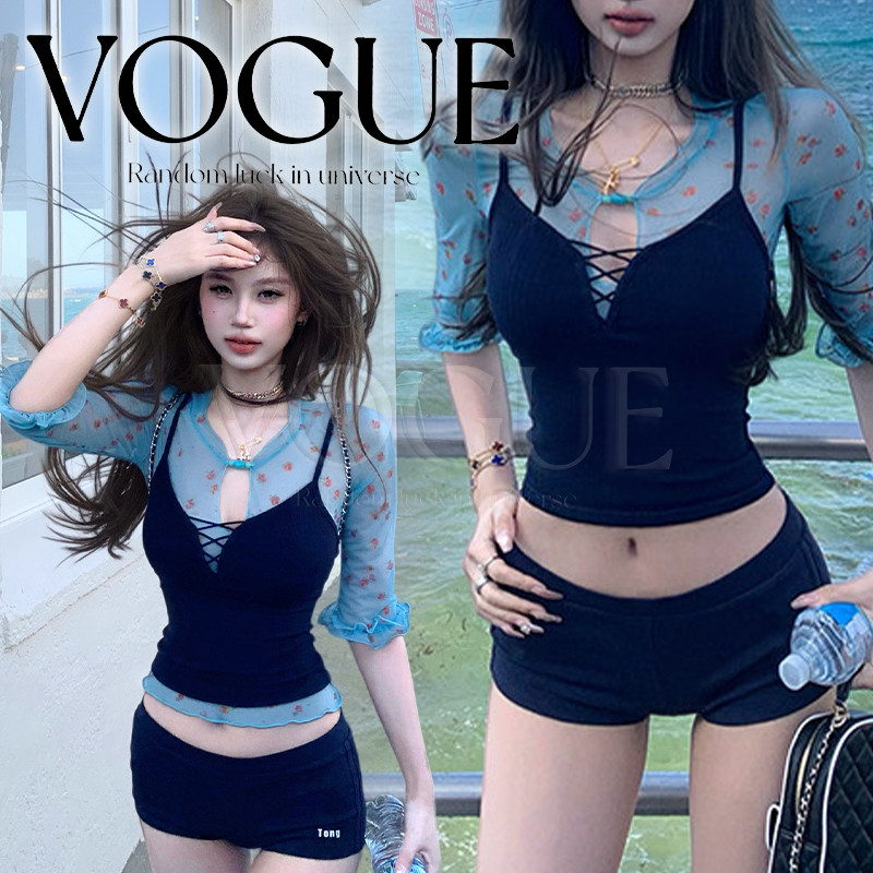 Vogue🌟พร้อมส่ง🌟 ชุดเซ็ทเสื้อสายเดี่ยว+แขนยาวซีทรู ลายดอกไม้ สีฟ้าน้ำเงิน (FY8311)