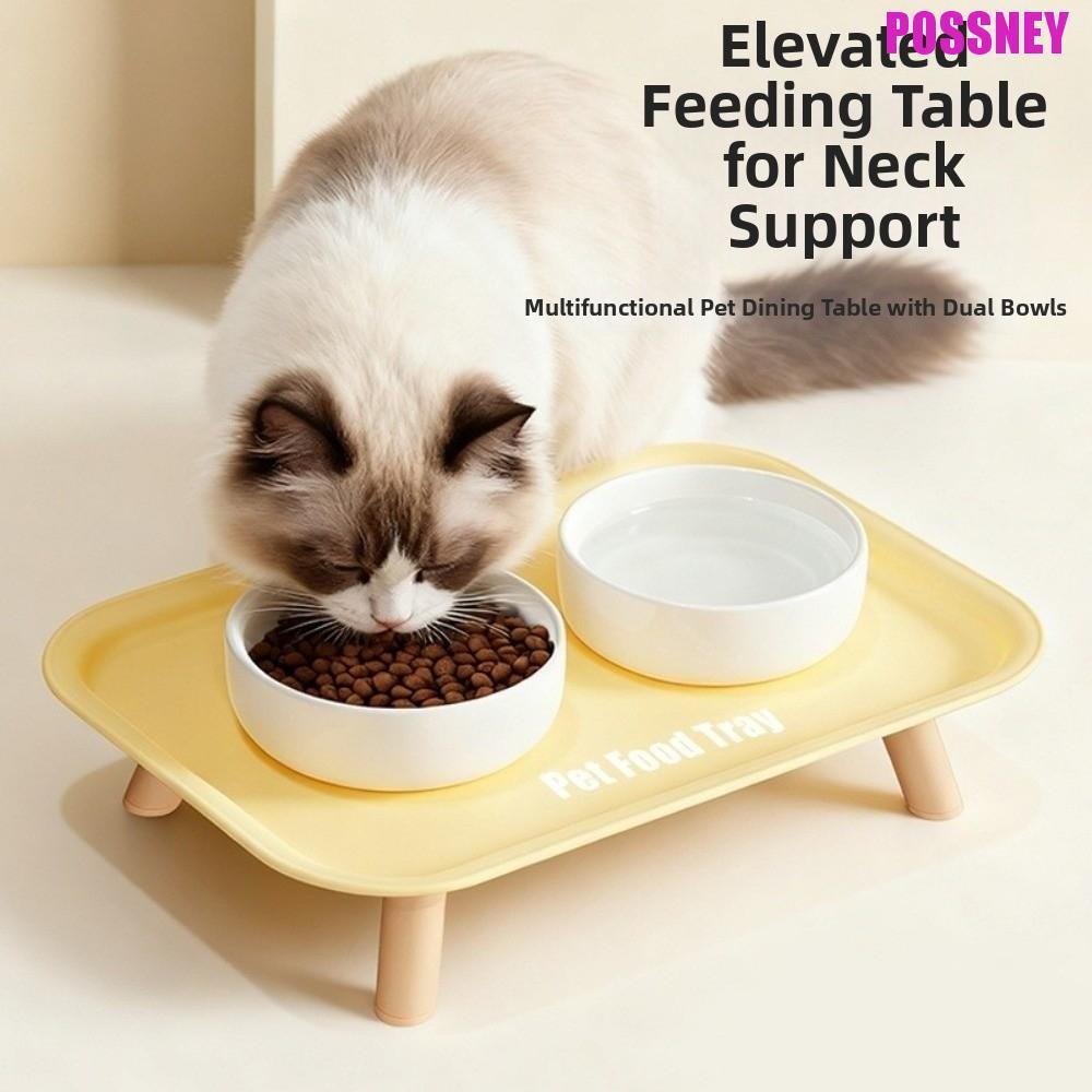 POSSNEY Pet Double Bowl, Large Capacity Anti-Splash Ceramic Cat Bowl, Practical Anti-Flip Double-Way