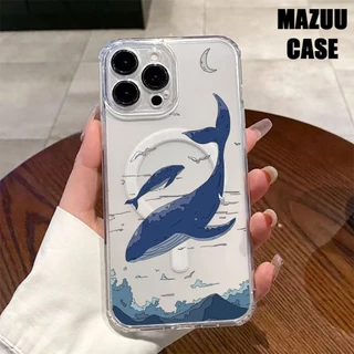 เคสไอโฟน TPU ใส แม่เหล็ก มีลายวาฬสีน้ำเงินสไตล์มินิมอล สำหรับ iPhone 17 16 15 14 13 12 11 Pro Max Plus