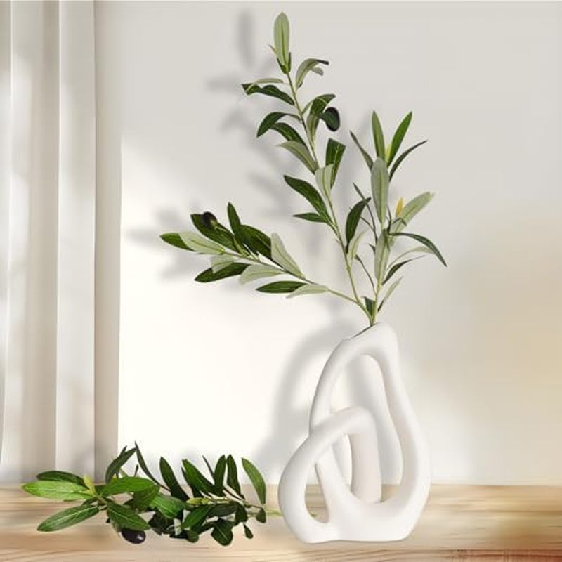 White Ceramic Vase Decor – 9" Tall Minimalist Vase with 18" Artificial Olive Branch, Nordic Boho Dec
