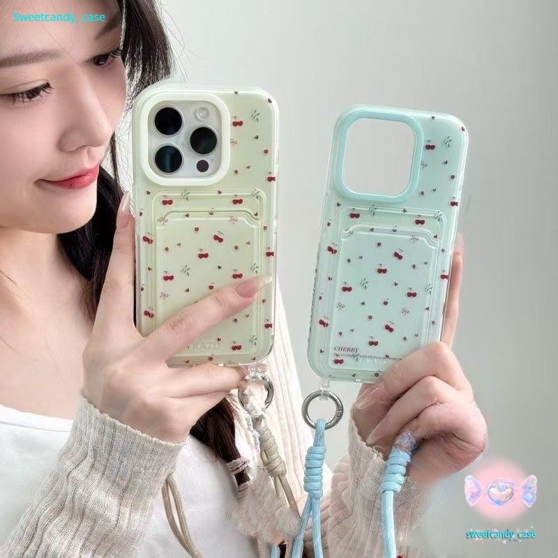 ส่งจากไทย เคสสำหรับไอโฟน14 เชอร์รี่ลายแดง เคสช่องใส่การ์ดสายข้อมือ For iPhone17 16 11 12 13PROMAX 14 15PLUS 7/8 SE XS XR
