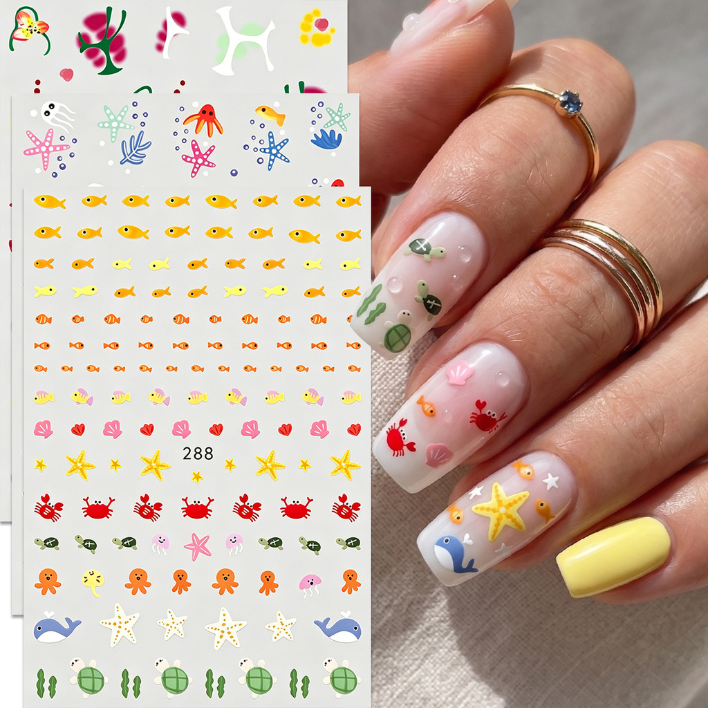 HAMA น่ารักฤดูร้อนสติกเกอร์เล็บ Y2K หัวใจ Star ดอกไม้ Ocean Theme แมงกะพรุน Sea เต่าเล็บ Decals สําหรับผู้หญิงเด็ก DIY เล็บเคล็ดลับ