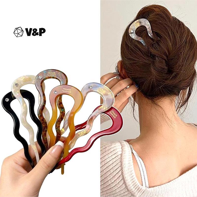 [V & Pt] French Twist Hair Sti กิ๊บติดผม Acetate Wavy U-Shaped Hairpin Vintage เต่าผู้หญิงผม Bun Pin