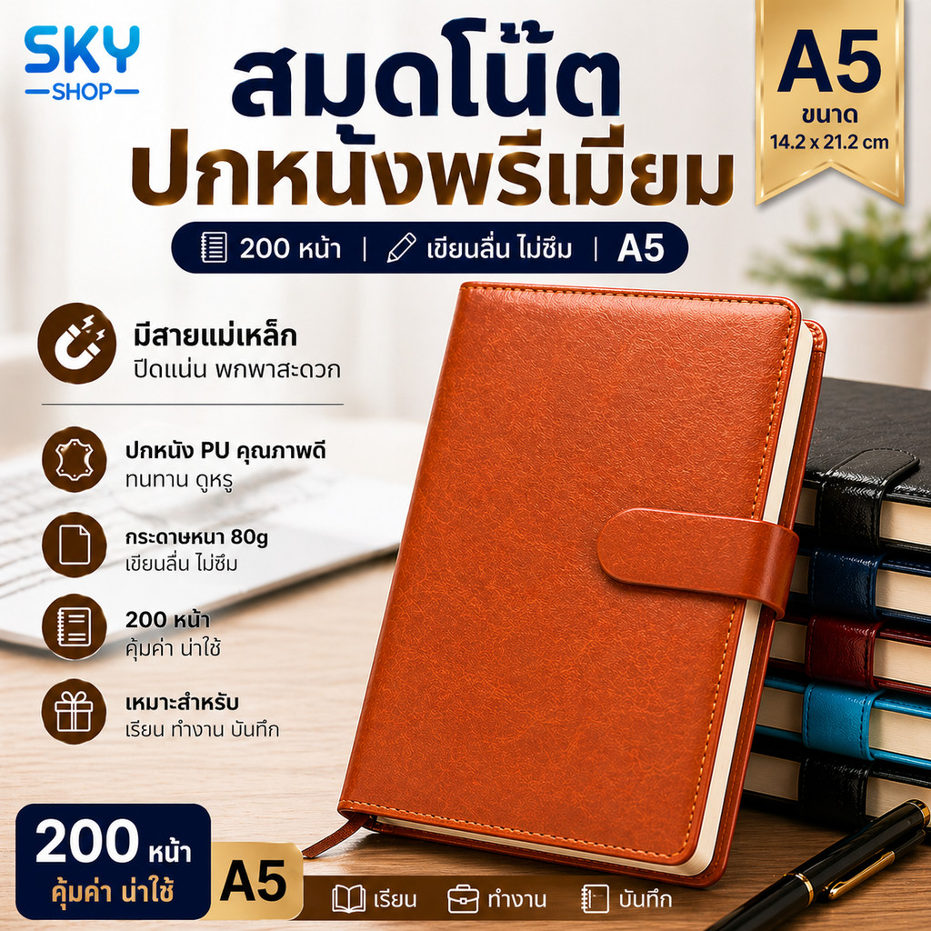 SKY สมุดโน๊ต ปกหนัง A5 200หน้า สมุดไดอารี่ สมุดบันทึก มีสายแม่เหล็ก กระดาษหนา สมุดเรียน สมุดทำงาน Wr