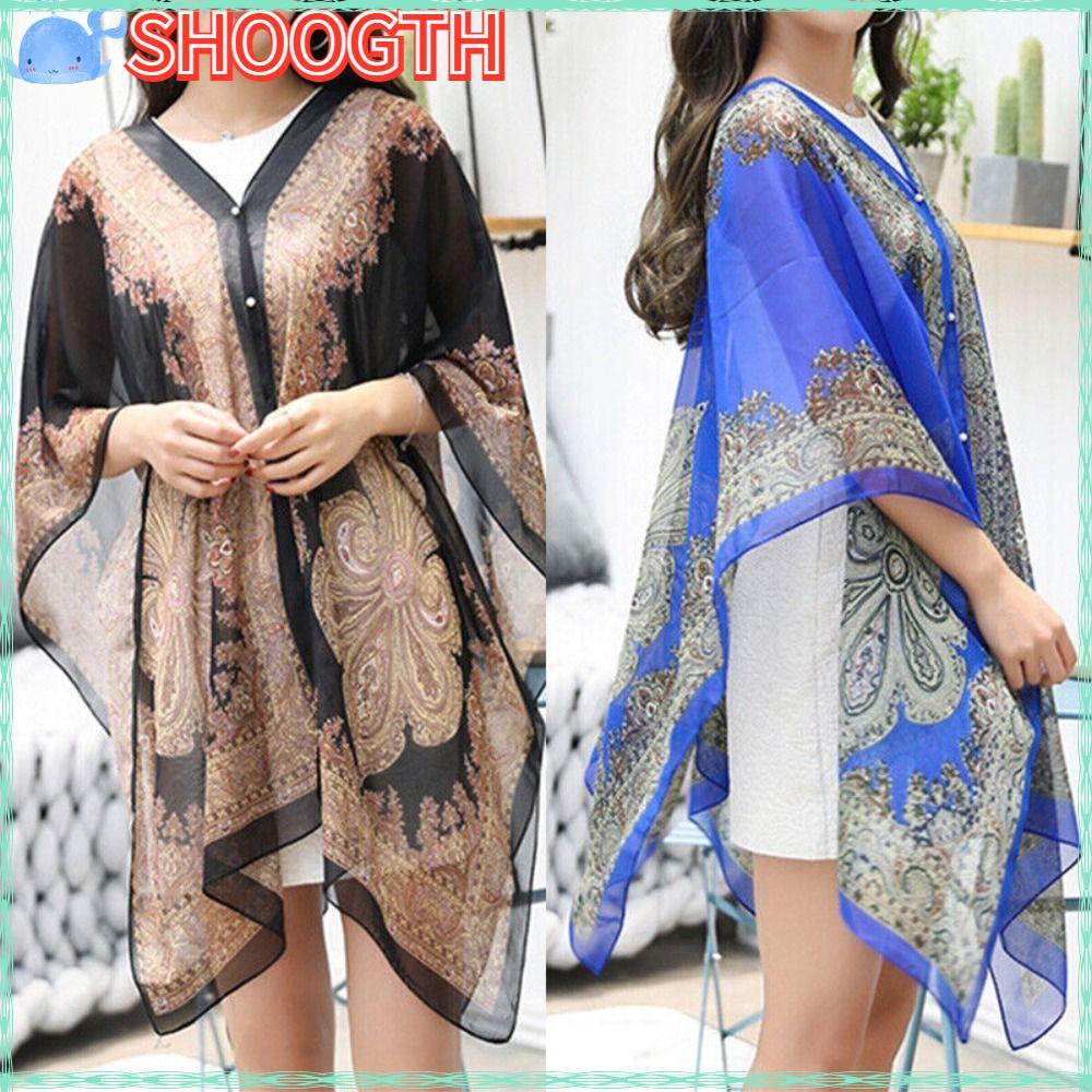 SHOGTH Beach Cover Up, One Size Boho Shawl Scarf, Fashion Chiffon V neck Poncho Beach