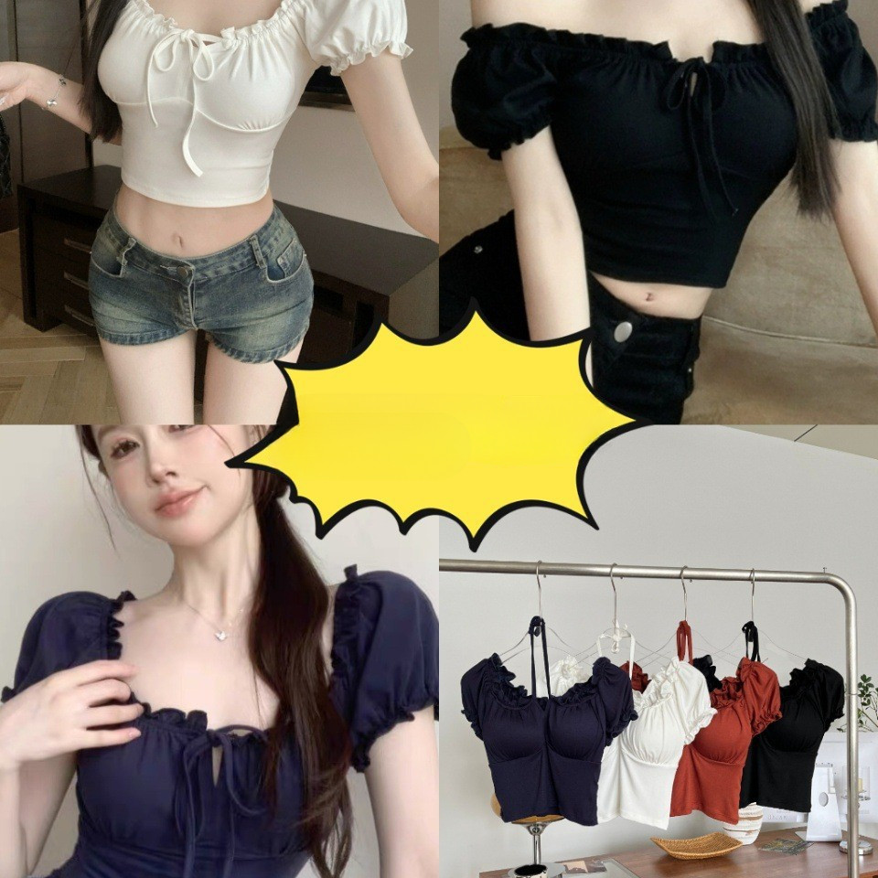 เสื้อ T-Shirt Puff Sleeve คอเหลี่ยม French Sweet Spicy Slim Fitted Crop Hot