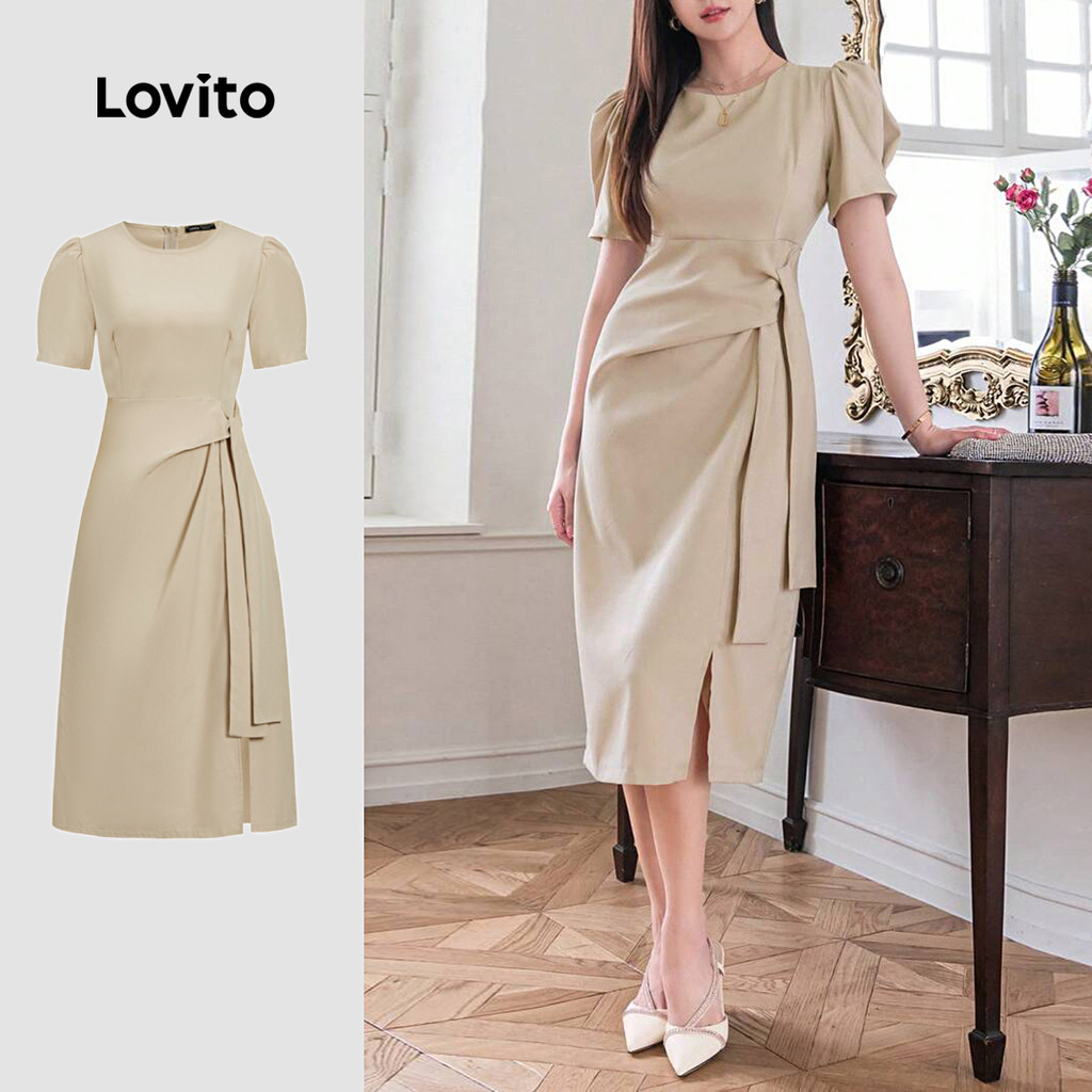 Lovito สง่างาม ชุดเดรสผู้หญิง แต่งจีบ สีพื้น สไตล์หรูหรา L104ED867