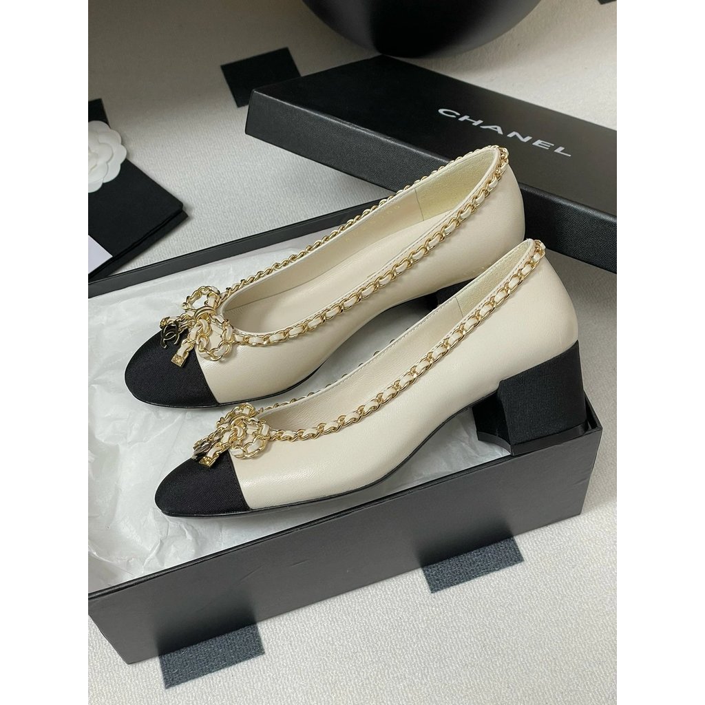 2025.4.3-6ซม. ส้น CHANEL CHANEL CHANEL รองเท้าผูกโบว์โซ่/รองเท้าส้นสูง