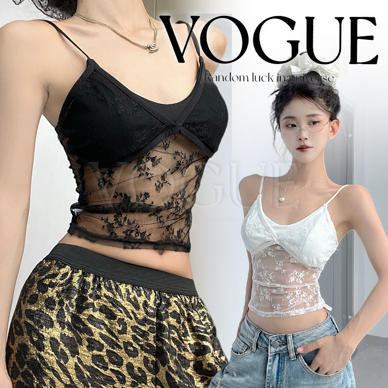 Vogue🌟พร้อมส่ง🌟 เสื้อสายเดี่ยว ซีทรูลายลูกไม้ เสริมฟองน้ำในตัว สไตล์เซ็กซี่  (FY2777)