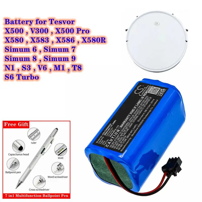 เครื่องดูดฝุ่นหุ่นยนต์แบตเตอรี่ 14.4V/2600mAh สําหรับ Tesvor V300,X500/Pro,X580,X583,X586,X580R, Sim