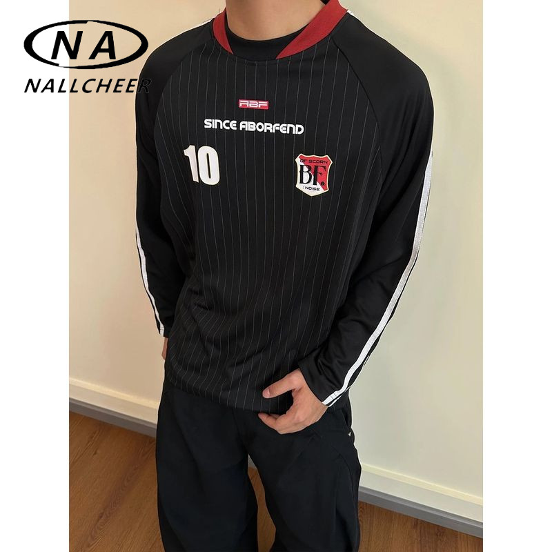 NALLCHEER เสื้อยืดแขนยาวสไตล์เจอร์ซีย์สีตัดกันย้อนยุคอเมริกัน