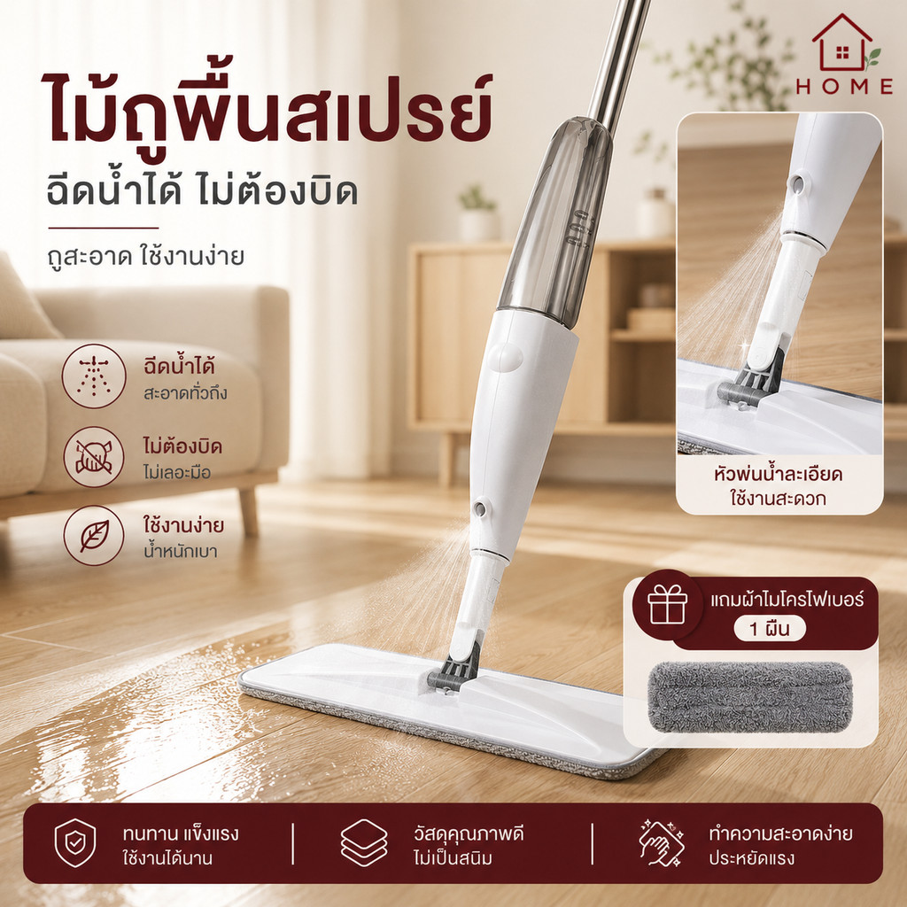 Home007 ไม้ถูพื้น ฟรีผ้าไฟเบอร์สำหรับถูพื้น 1 ชิ้น สเปรย์พ่น ไม่ต้องก้ม Spray Mop