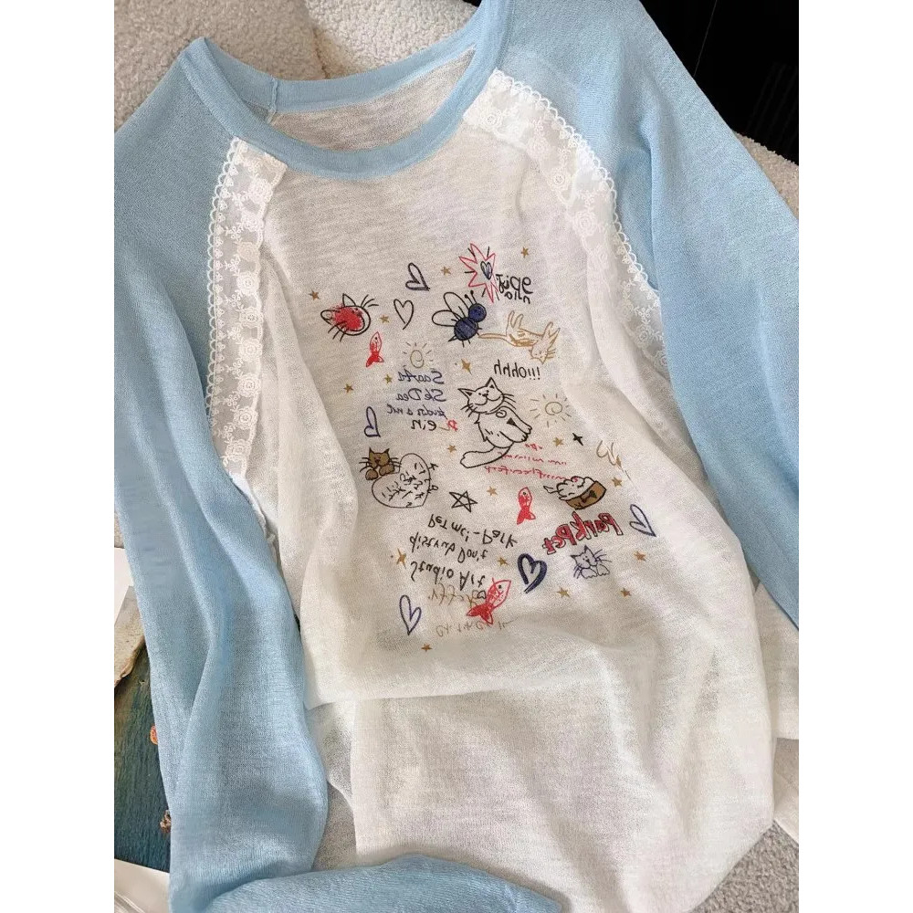 ผู้หญิงน่ารักพิมพ์แขนยาวบางเสื้อยืดฤดูร้อนป้องกันแสงแดดหวานหลวมที