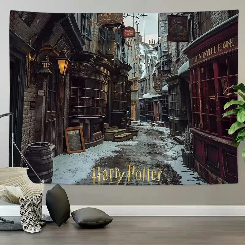 Harry Potter backdrop tapestry with vintage bookshelf design, decorative wall hanging for bedroom, dormitory and rental