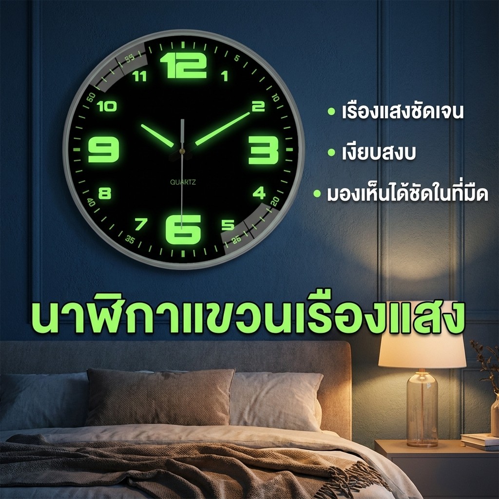 พร้อมส่ง นาฬิกาเรืองแสง นาฬิกาแขวน wall clock นาฬิกาติดผนัง ทรงกลม เลขสว่างตอนกลางคืน เสียงเงียบ ระบบ