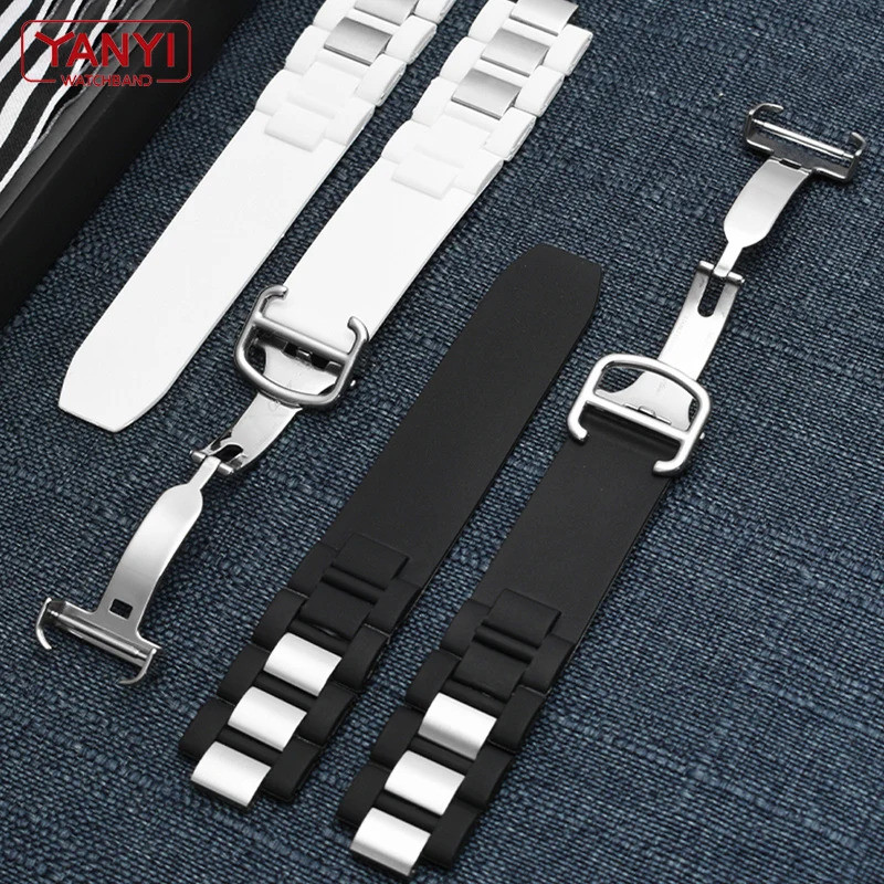 Silicone Stainless Steel Watch Strap Convex 20x10mm Rubber Wrist Bracelet for Cartier Watches Belt
