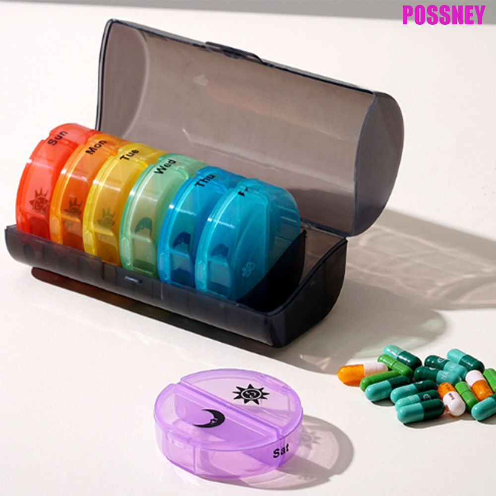 POSSNEY 7-Day Splitter Pill Organizer, Drug Container 14-Grid Vitamin Storage Case, Medicine Organiz