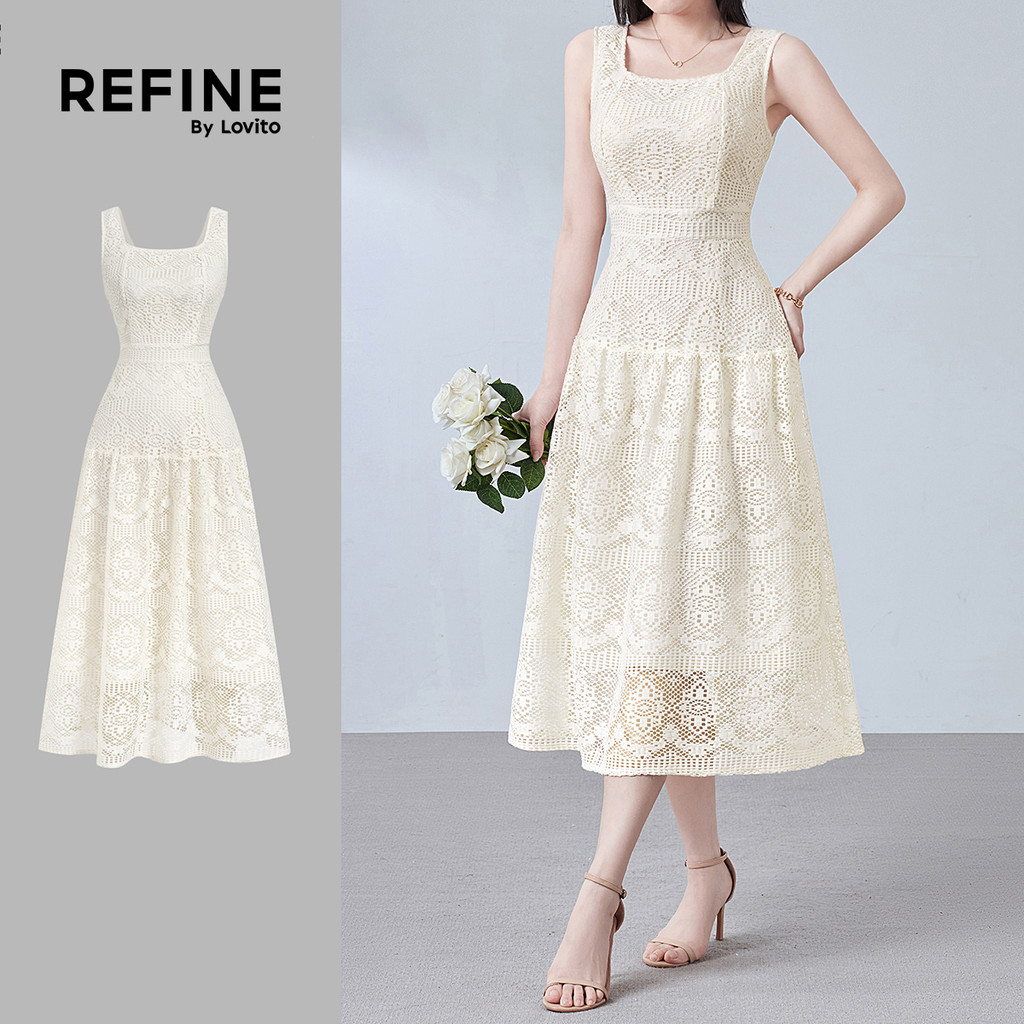 (Refine by Lovito) เดรสลูกไม้ ซิป สีแอพริคอต เดรสระบายชายผ้าลูกไม้สําหรับฤดูใบไม้ผลิ/ฤดูร้อน LR38E019