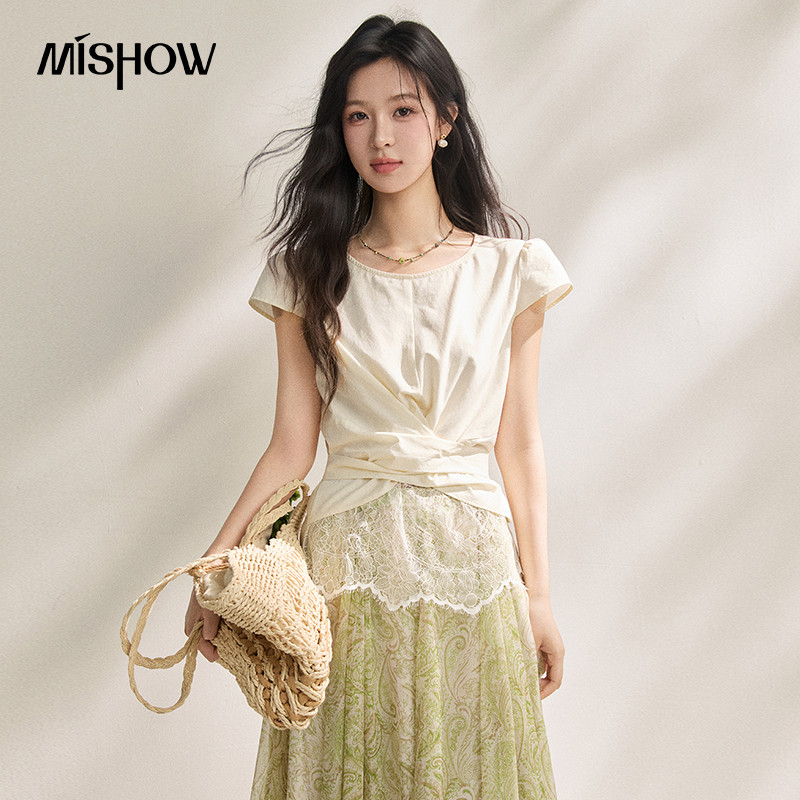MISHOW เสื้อลูกไม้ Patchwork สไตล์เรียบหรู แขนสั้น กระชับเอว