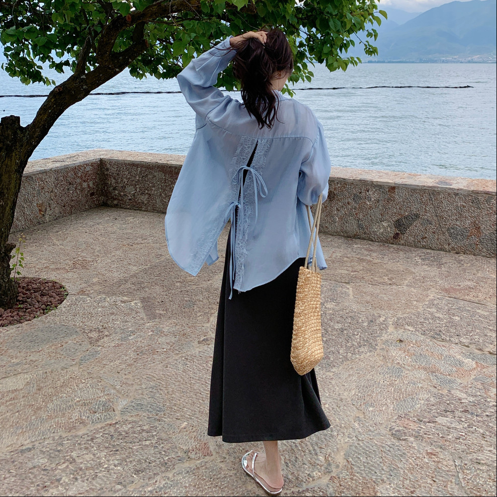 T051-P165-K238 Design Lace Stitching Sunscreen Top+Sling Dress