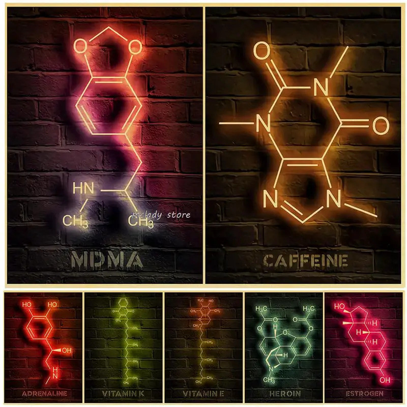 โมเดิร์นเคมีนีออนโมเลกุลป้าย Psilocybin Xanax Thc โปสเตอร์ผ้าใบภาพวาด Wall Art ภาพห้องนั่งเล่นตกแต่ง