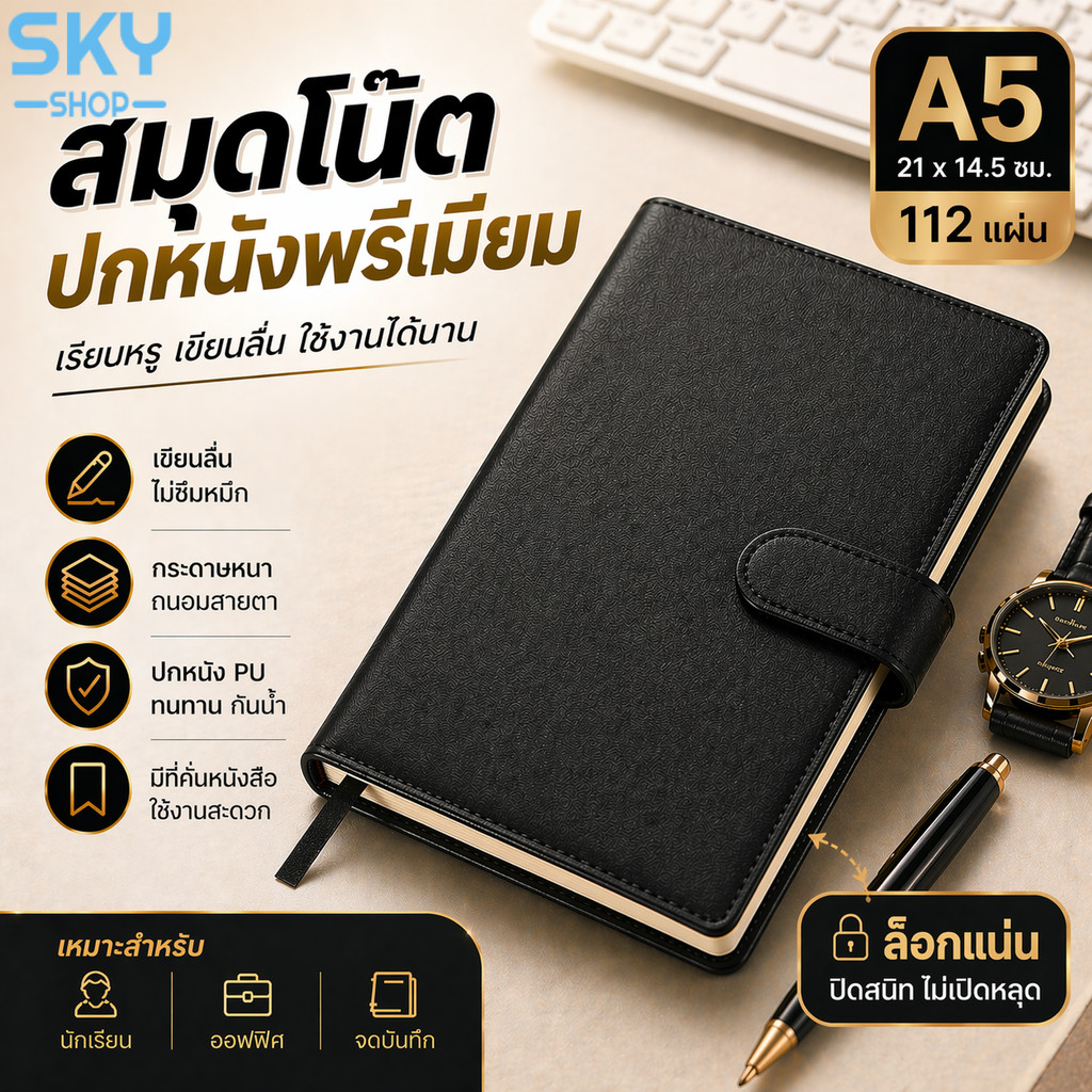SKY สมุดโน๊ตปกหนัง A5 แบบแม่เหล็ก สมุดบันทึก สมุดไดอารี่ กระดาษหนา 112 แผ่น เขียนลื่น ไม่ซึม Notebook Journal