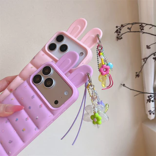 สําหรับ iPhone 17Pro Max 16 Pro Max 15 14 15Pro Max แฟชั่นเกาหลีสีม่วงสีชมพูลายดอกไม้ปกน่ารัก 3D กระต่ายหูลงเสื้อซิลิโคนกันกระแทกกรณี