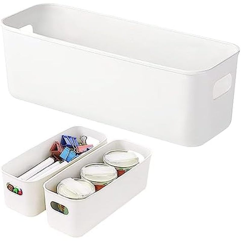 3 Pack White Storage Bin, 10" Long Bathroom Organizing Bins, Plastic Organizer Bins with Handles for