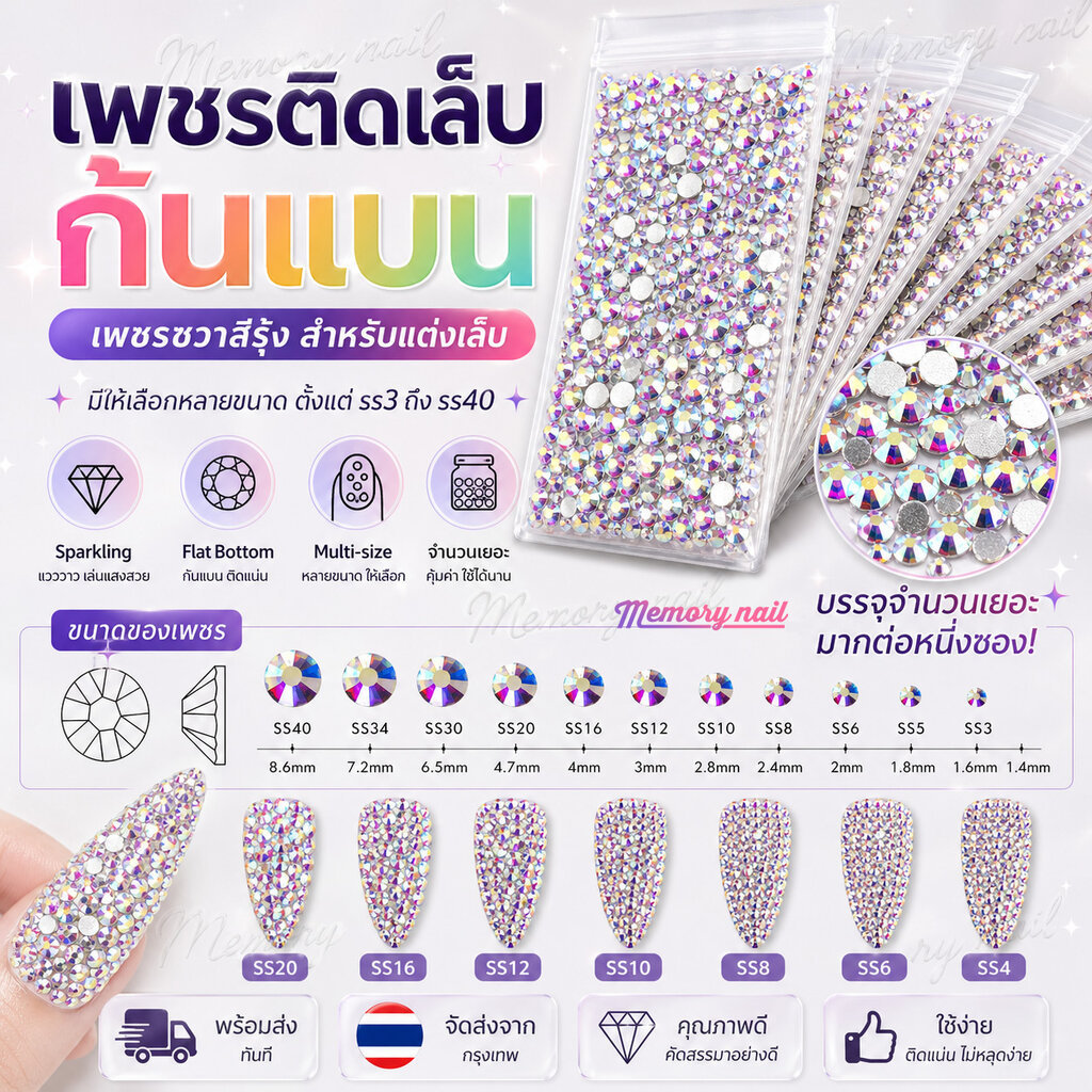 ( สีรุ้ง *เพชรชวาซองใหญ่ New ) เพชรชวาสีรุ้ง AB เพชรใสแต่งเล็บ ss3-ss40 เพชรชวา เพชรติดเล็บ อะไหล่ติดเล็บ