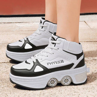 Big สี่ล้อ Pulley รองเท้าชายหญิงเด็ก Runaway Shoelaces ล้อกีฬารองเท้าสเก็ตบอร์ดกลางแจ้ง Double-Row Roller Skates One-Button สวิทช์ Au
